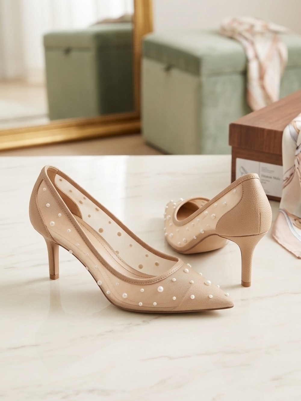 Pearl-Accent Pointed Toe Mid-Heel Pumps in Beige
